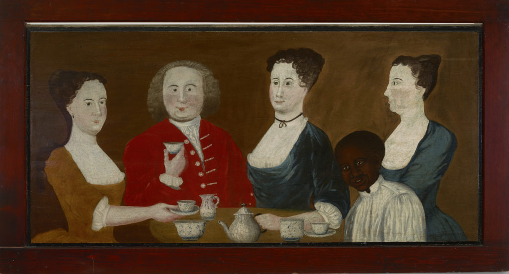 Folk art of four half-length white adults at a table set for tea. Lower in the foreground is a Black youth in a white blouse facing head-on.