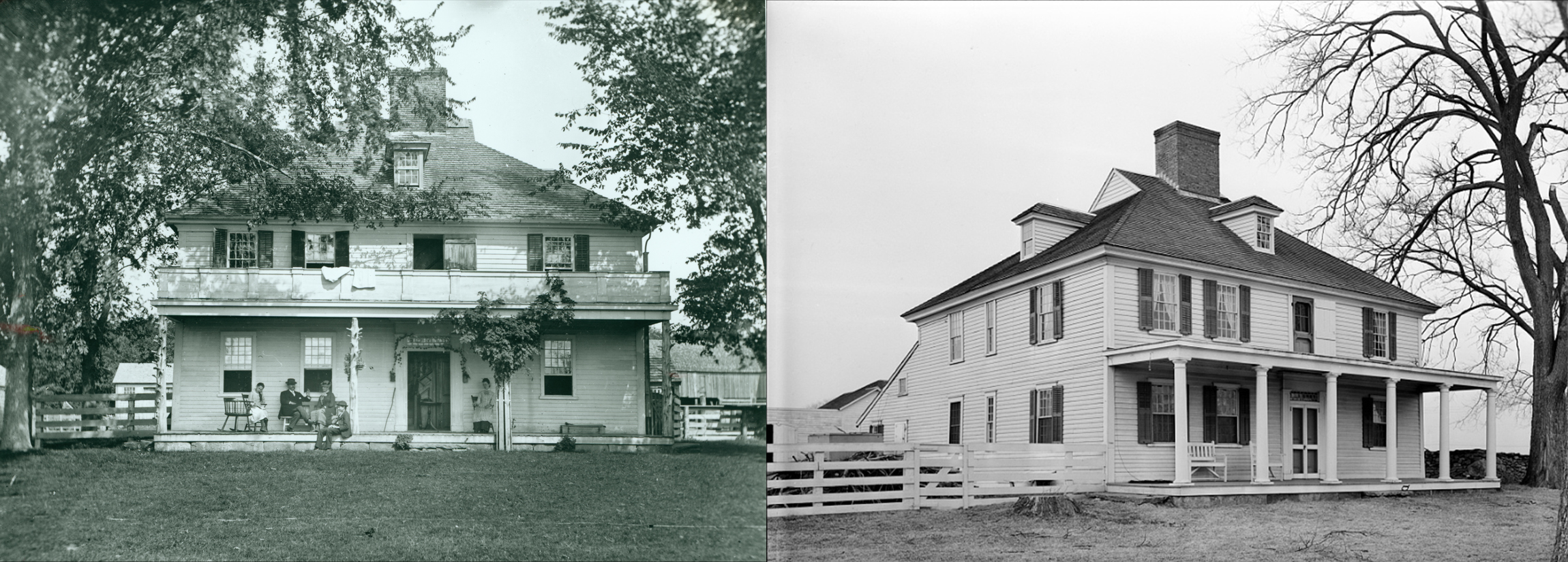 Two-storey house with a porch across the front has rustic tree trunk posts on left and Classical columns on right