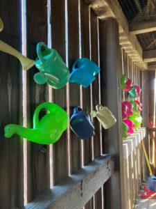 Sunshine stripes interior of wooden slat building hung with colorful plastic watering cans, including a dinosaur shape and elephant shape